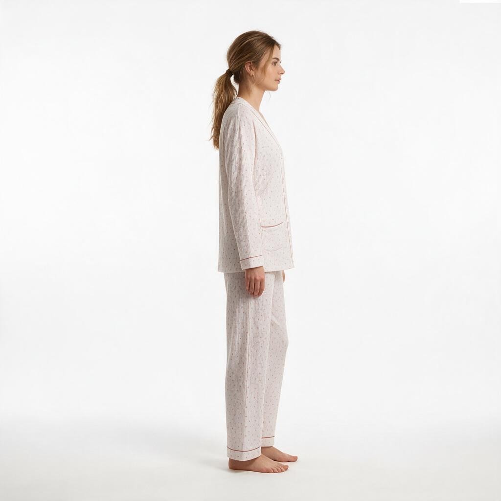 JOANNA FASHION long sleeve button down pajama set in a light floral print with contrast piping, side view