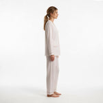JOANNA FASHION long sleeve button down pajama set in a light floral print with contrast piping, side view