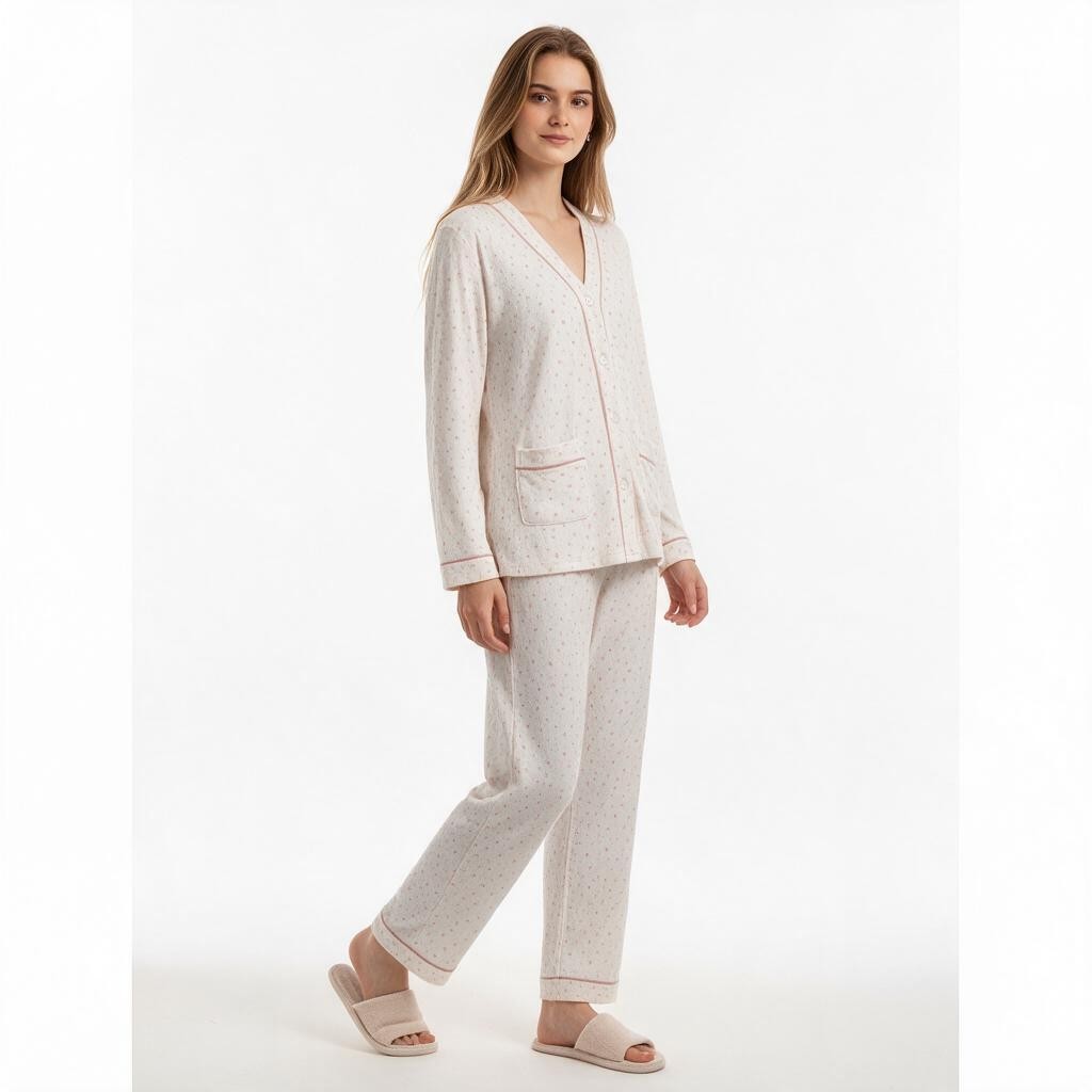 JOANNA FASHION long sleeve button-down pajama set in cream with subtle floral print and delicate pink piping details