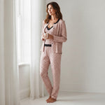 JOANNA FASHION three-piece floral pajama set in soft pink with black lace trim, including cardigan, cami, and pants.