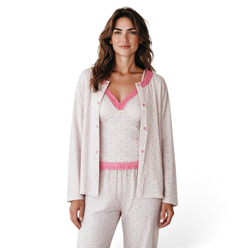 JOANNA FASHION three-piece floral pajama set with camisole, trousers, and cardigan featuring pink lace trim