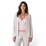 JOANNA FASHION three-piece floral pajama set with camisole, trousers, and cardigan featuring pink lace trim