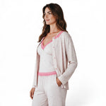 JOANNA FASHION three-piece floral pajama set with pink lace trim, camisole, trousers, and button-down cardigan.