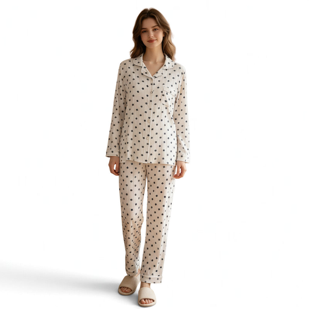 JOANNA FASHION women's long sleeve button-down pajama set in cream with a black floral print and piped collar.