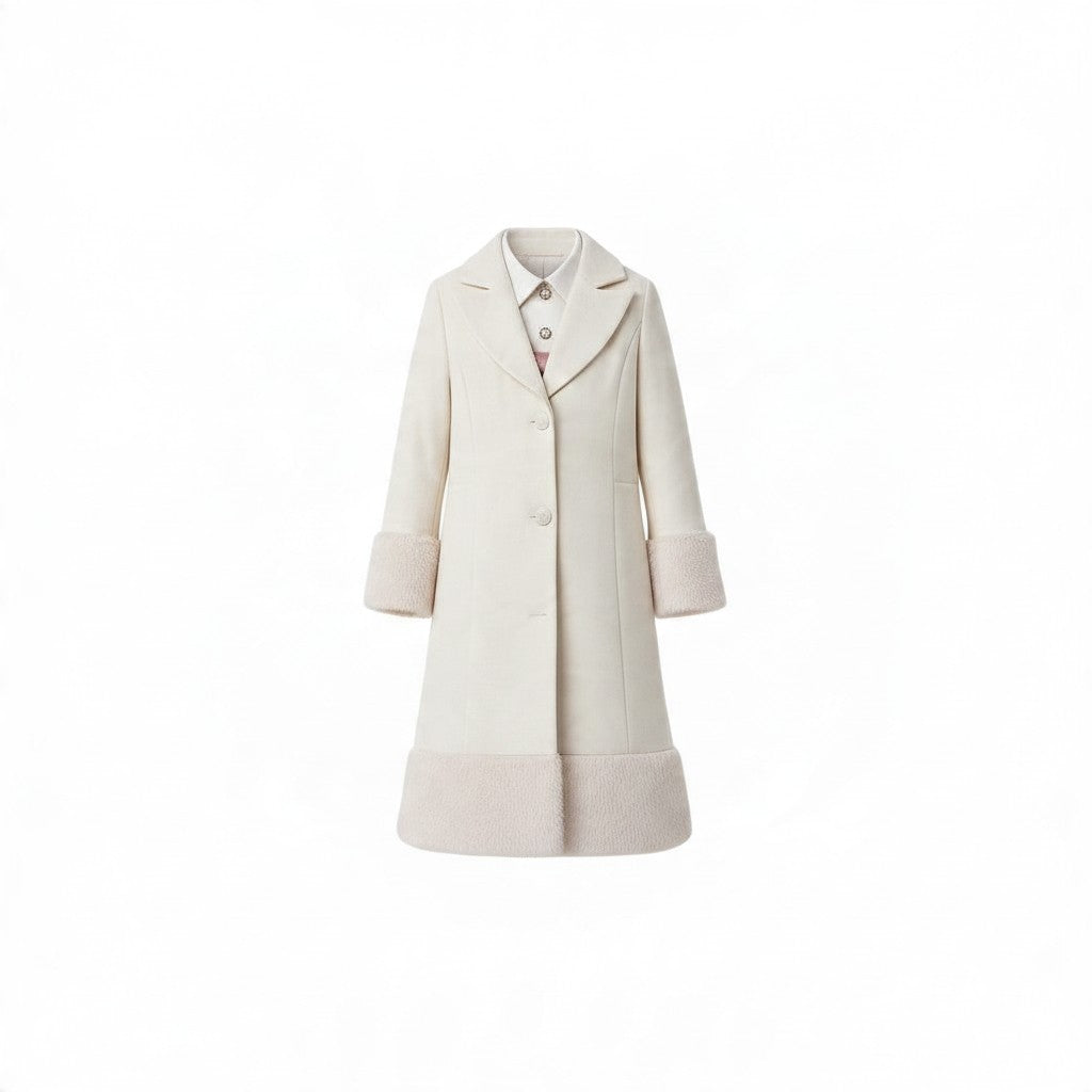 JOANNA FASHION girls cream wool-blend formal coat with faux-fur trim on cuffs and hem and button-front closure.