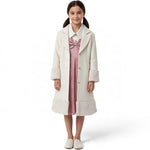 JOANNA FASHION girls' cream wool-blend formal coat with faux-fur cuffs and hem worn over a pink dress