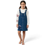 JOANNA FASHION girls blue denim pinafore dress with attached white hoodie featuring pink butterfly graphic details
