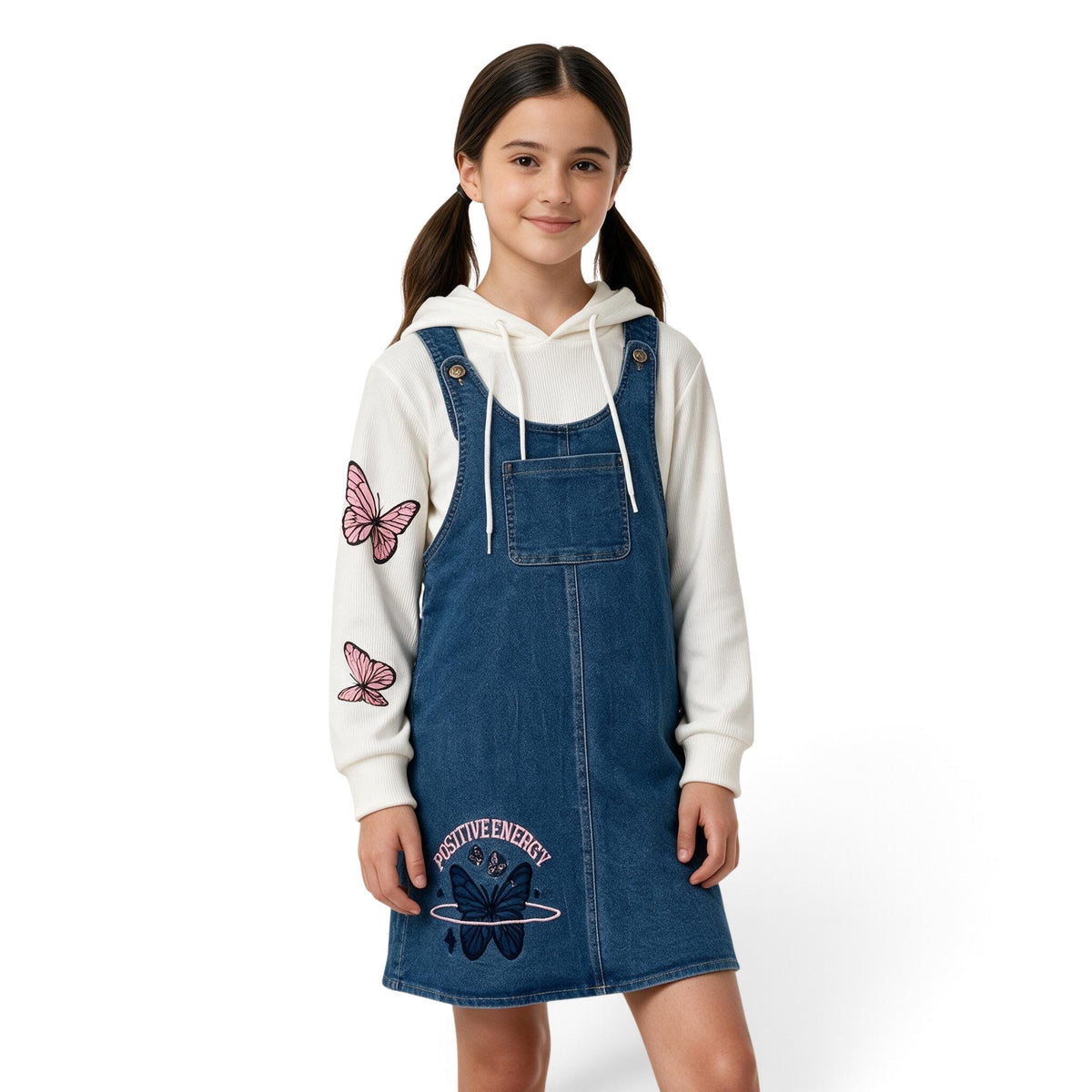JOANNA FASHION girls blue denim pinafore dress with attached white hoodie featuring pink butterfly sleeve accents