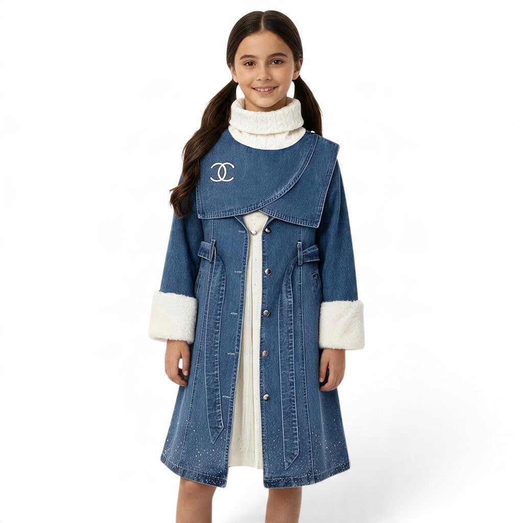 JOANNA FASHION girls denim trench coat with cream faux fur cuffs, wide collar, and sparkling hem embellishments.