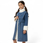 JOANNA FASHION girls denim trench coat with cream faux fur cuffs, wide collar, and sparkling hem embellishments.