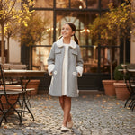 JOANNA FASHION girls grey herringbone winter coat with white faux fur collar and floral applique details