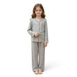 JOANNA FASHION girls grey long sleeve button down pajama set with scalloped lace trim on cuffs and hem