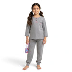 JOANNA FASHION girls' grey polka-dot long sleeve pajama set with henley neckline, chest pocket, and heart detail.
