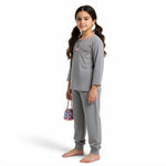 JOANNA FASHION girls' grey polka-dot long sleeve pajama set with henley neckline, heart pocket, and ribbed cuffs.