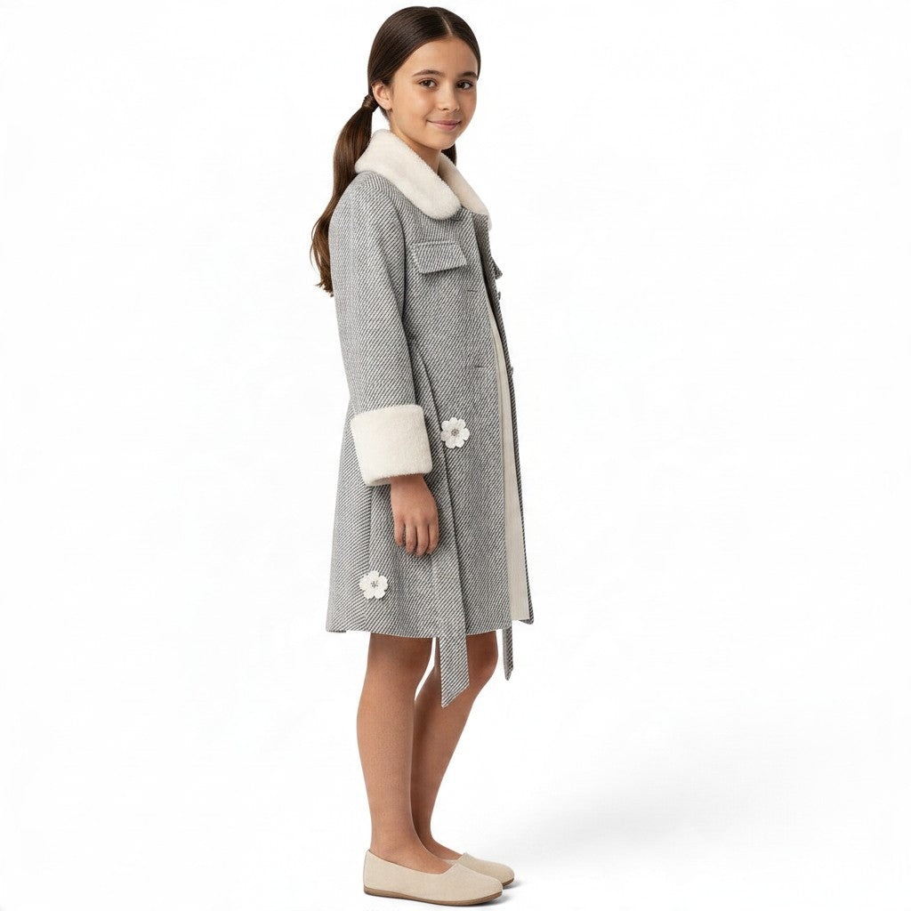 JOANNA FASHION girls' grey herringbone winter coat with faux fur collar, cuffs, and floral applique details.
