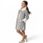 JOANNA FASHION girls' grey herringbone winter coat with faux fur collar, cuffs, and floral applique details.