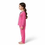 JOANNA FASHION girls pink long sleeve pajama set with black polka dots, chest pocket, and heart detail, side view