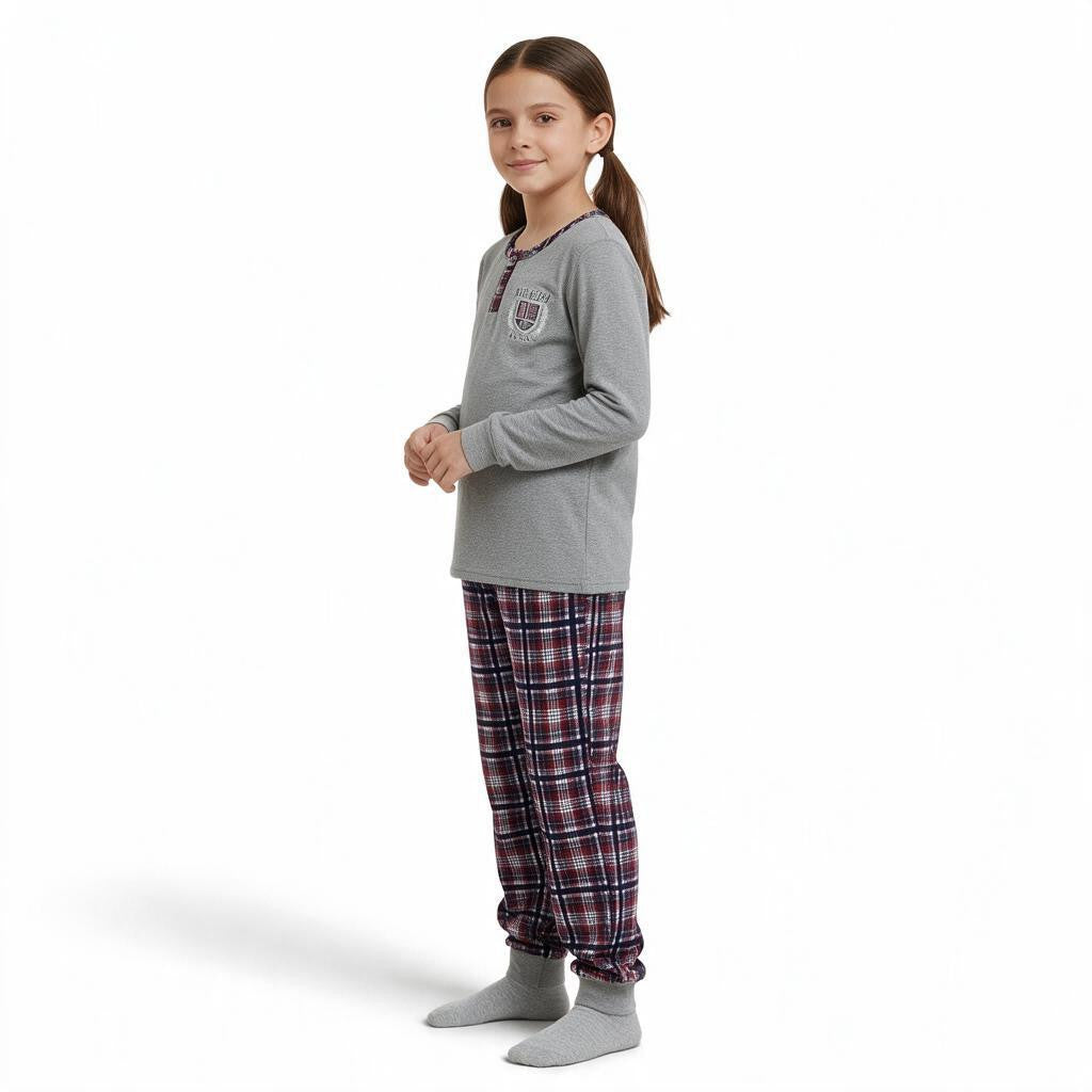 JOANNA FASHION girls grey long sleeve henley pajama set with plaid bottoms and sporty graphic print