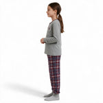 JOANNA FASHION girls long sleeve henley pajama set with grey top and red plaid bottoms on a young girl side view