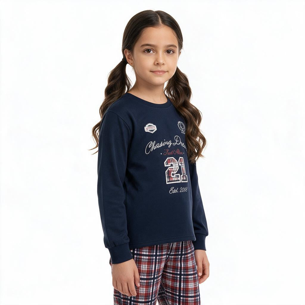JOANNA FASHION girls long sleeve navy pajama top with graphic print and plaid bottoms for cozy sleepwear