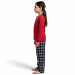 JOANNA FASHION girls long sleeve red henley pajama top with collegiate graphic and navy plaid bottoms, side view