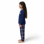JOANNA FASHION girls long sleeve navy henley pajama top with collegiate graphic and plaid bottoms, side view