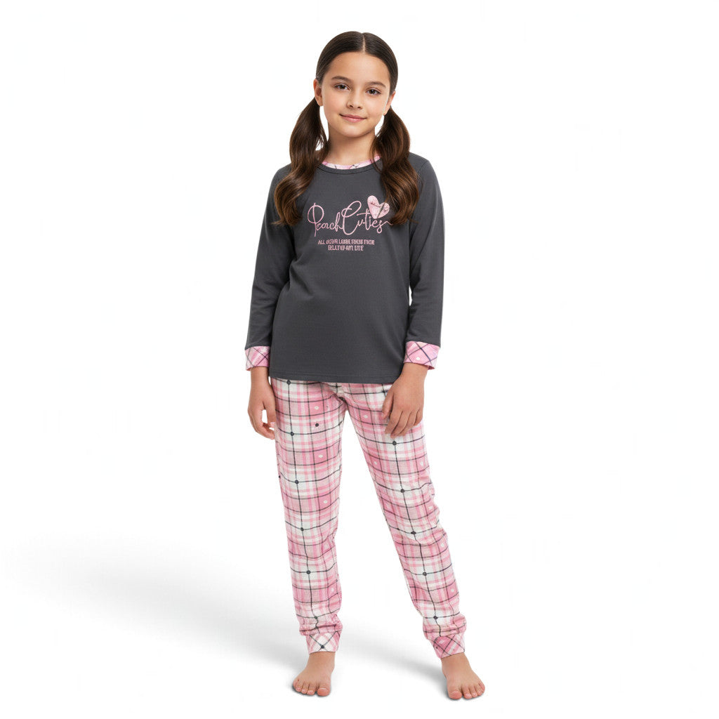 JOANNA FASHION girls long sleeve pajama set with a grey graphic top and pink plaid bottoms on a young girl