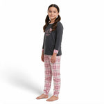 JOANNA FASHION girls' long sleeve pajama set with a dark grey graphic top and pink plaid bottoms on a young girl.