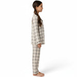 JOANNA FASHION girls' neutral plaid button-down pajama set with long sleeves and pants, side view on a young girl.