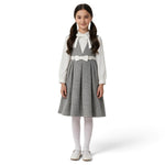 JOANNA FASHION girls grey plaid pinafore dress set with white long-sleeve blouse, bow-tie collar, and waist belt.