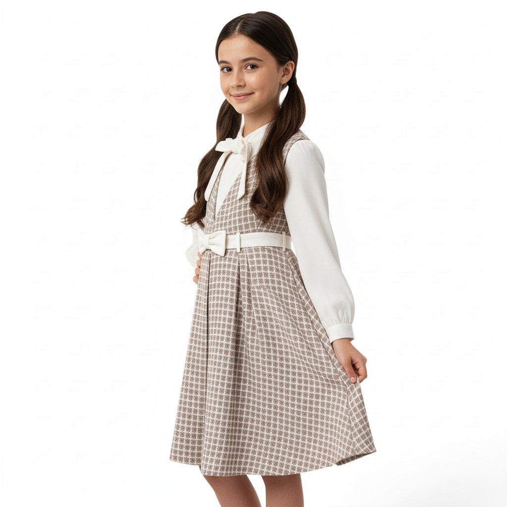 JOANNA FASHION girls classic plaid pinafore dress set with white long-sleeve blouse and bow-tie collar