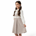 JOANNA FASHION girls classic plaid pinafore dress set with white long-sleeve blouse and bow-tie collar