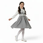 JOANNA FASHION girls plaid pinafore dress set with white blouse, bow-tie collar, and pleated skirt on a young girl