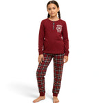 JOANNA FASHION girls' burgundy rugby-style henley pajama set with plaid bottoms and ribbed cuffs on a young model.