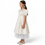 JOANNA FASHION girl's formal satin dress with puff sleeves, pearl accents, floral appliqués, and a tulle underskirt.