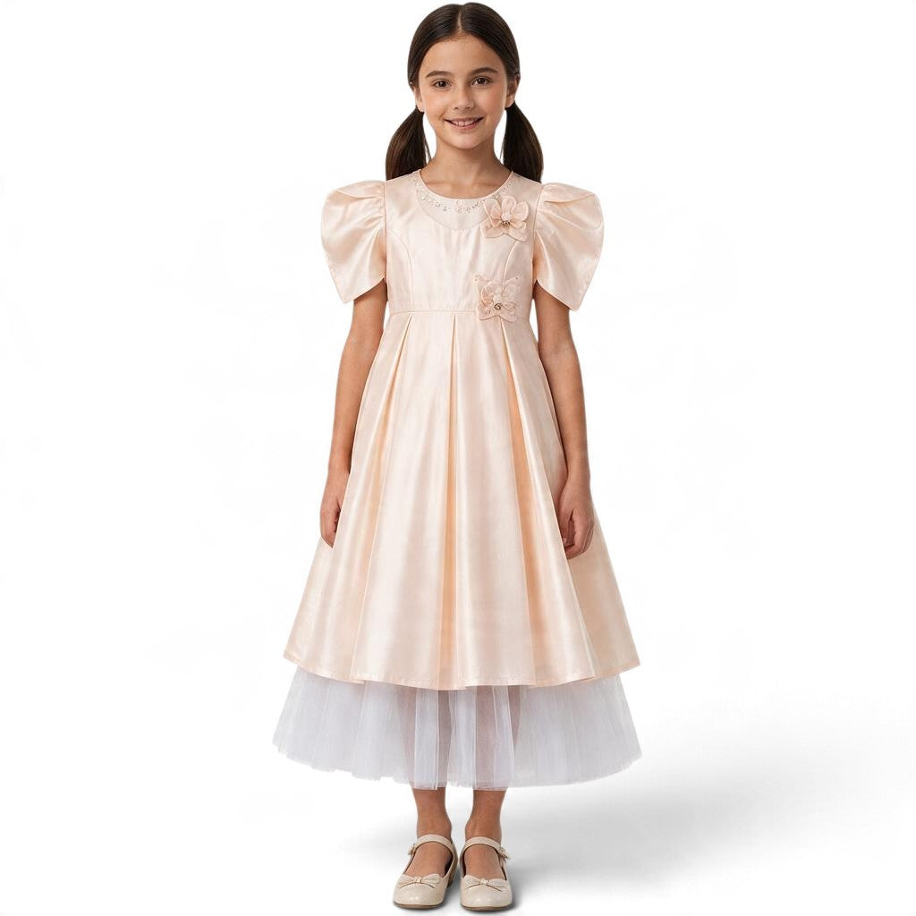 JOANNA FASHION girl's formal satin dress with puff sleeves, pearl accents, floral appliqués, and white tulle hem.