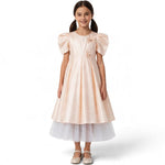 JOANNA FASHION girl's formal satin dress with puff sleeves, pearl accents, floral appliqués, and white tulle hem.