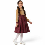 JOANNA FASHION girls' long sleeve velvet dress with a gold bodice, burgundy patterned skirt, and floral waist accent.