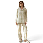 JOANNA FASHION model wearing a light green plaid button-down pajama set with long sleeves and relaxed-fit trousers.