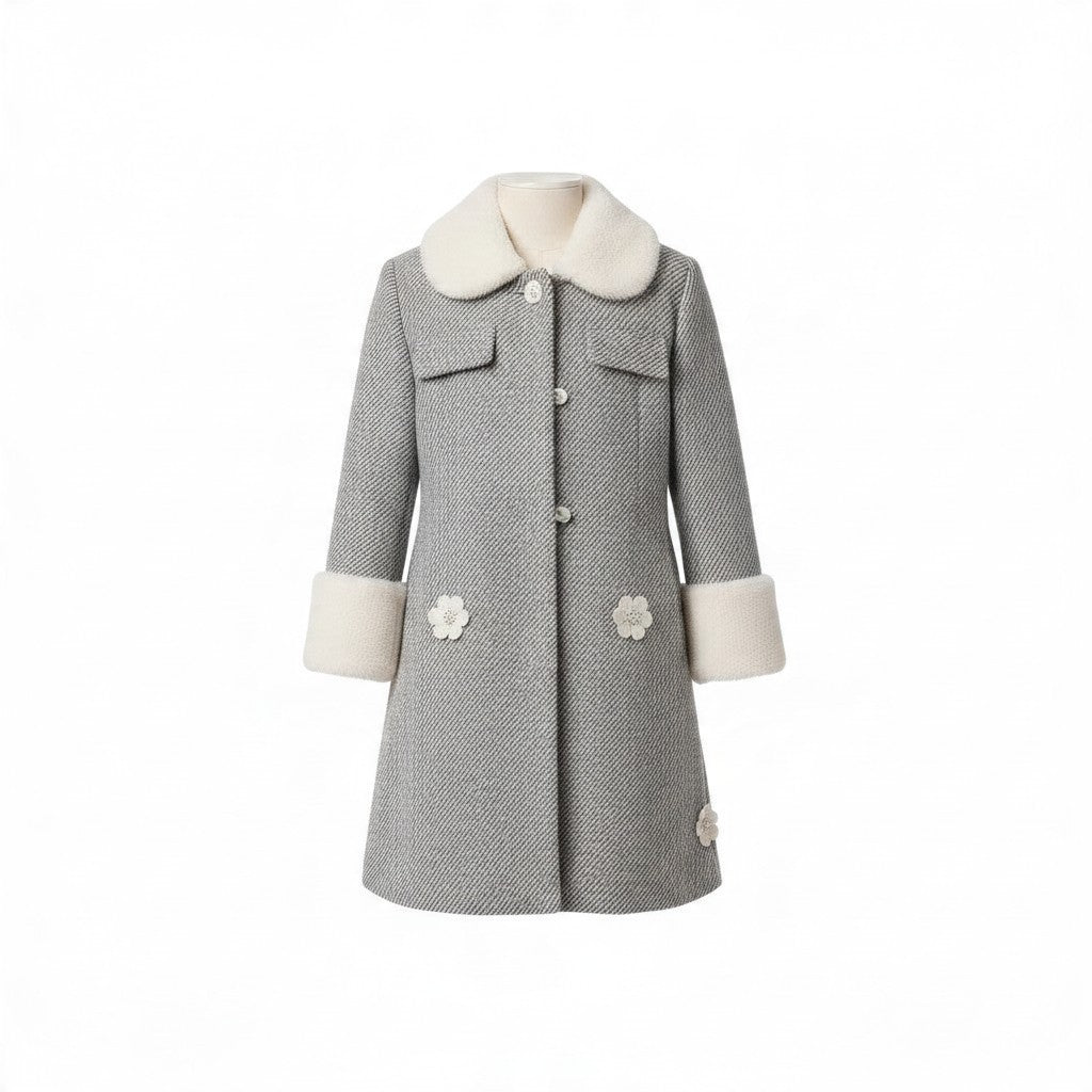 JOANNA FASHION girls grey herringbone winter coat with white faux fur collar, cuffs, and floral applique details.