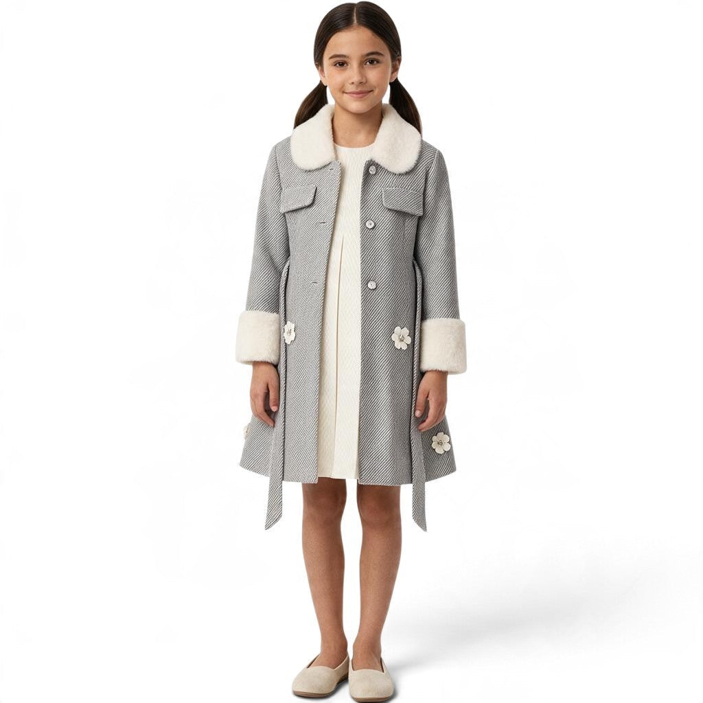 JOANNA FASHION girls' grey herringbone winter coat with faux fur collar, cuffs, and floral applique details.
