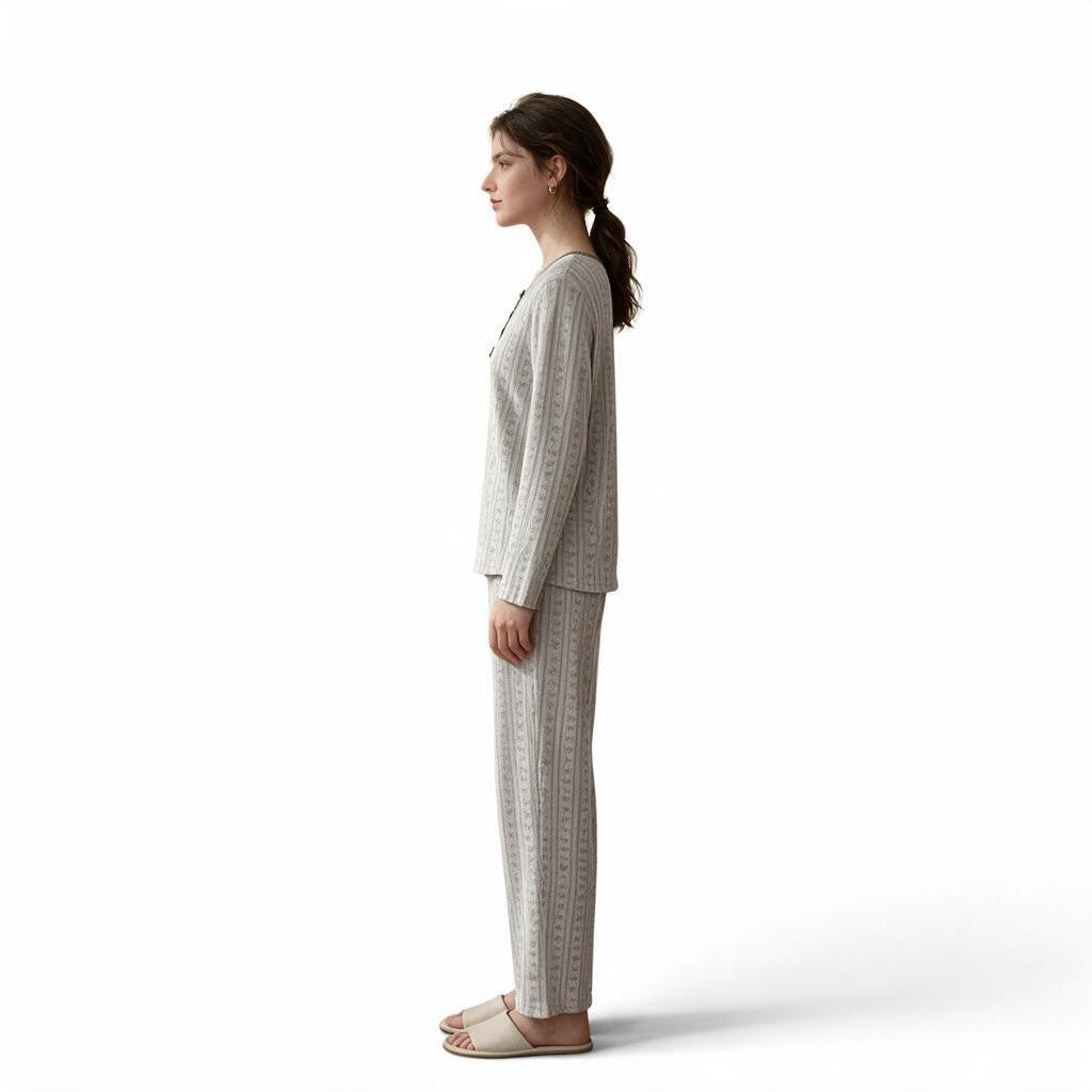 JOANNA FASHION women's long sleeve pajama set in a light grey patterned fabric with a relaxed fit and button detail.