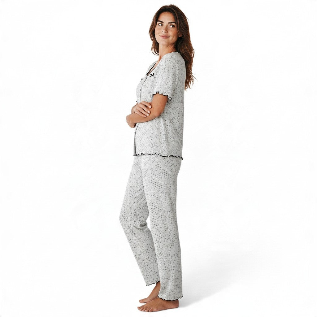 JOANNA FASHION women's grey polka dot pajama set with short sleeves, button-down top, and lettuce-edge trim.