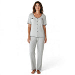 JOANNA FASHION women's grey polka dot pajama set with short sleeves, button-down top, and lettuce-edge trim.