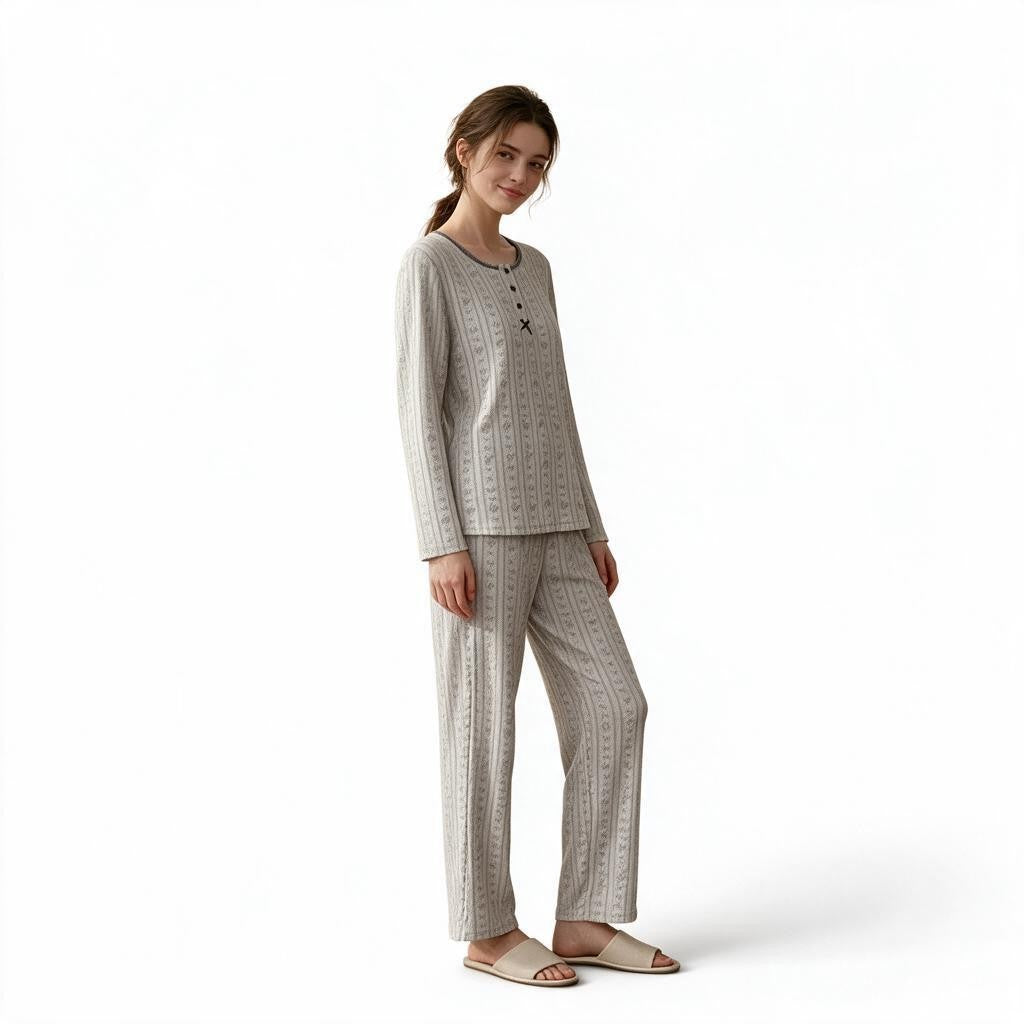 JOANNA FASHION women's long sleeve pajama set in a light grey striped pattern with button-down detail and relaxed fit.