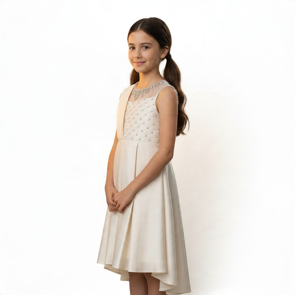 JOANNA FASHION girls' formal dress with pearl-beaded illusion neckline, pleated skirt, and high-low hem in ivory.