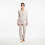 JOANNA FASHION long sleeve button-down pajama set in cream with subtle print and contrast piping on a model
