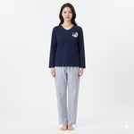 JOANNA FASHION women's navy V-neck long sleeve pajama top with graphic and light grey gingham check trousers