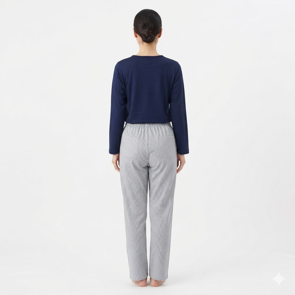 JOANNA FASHION women's pajama set with a navy blue long-sleeve top and grey gingham check trousers, back view.