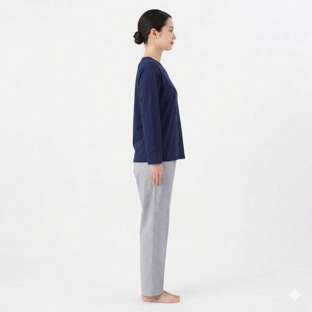 JOANNA FASHION women's navy long-sleeve V-neck pajama top and grey gingham trousers in a side view